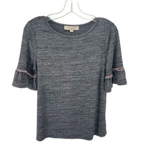 LOFT Womens Ruffle Sleeve Blouse Top Stretch Scoop Neck Pullover Gray XS